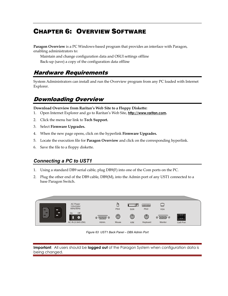 Hardware requirements, Downloading overview, Hapter | Verview, Oftware, Connecting a pc to ust1 | Raritan Computer Paragon switch User Manual | Page 81 / 117