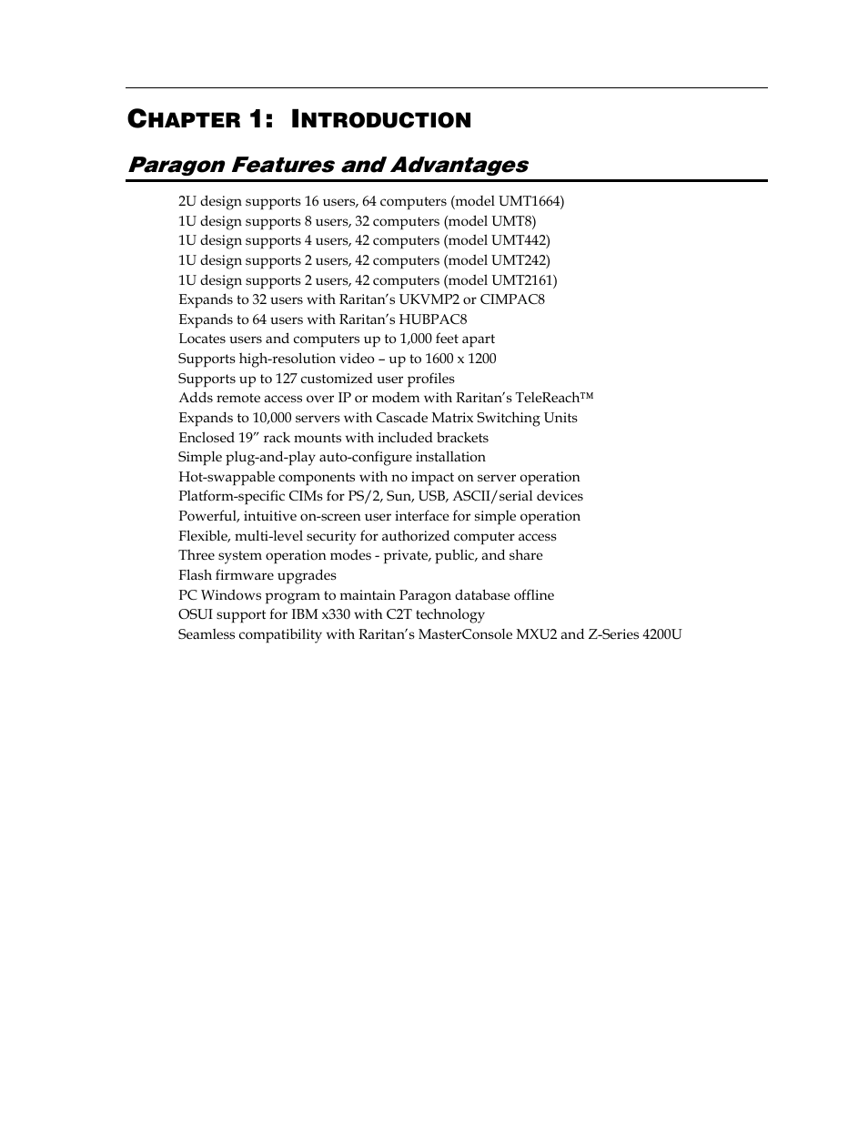 Paragon features and advantages, Hapter, Ntroduction | Raritan Computer Paragon switch User Manual | Page 9 / 117