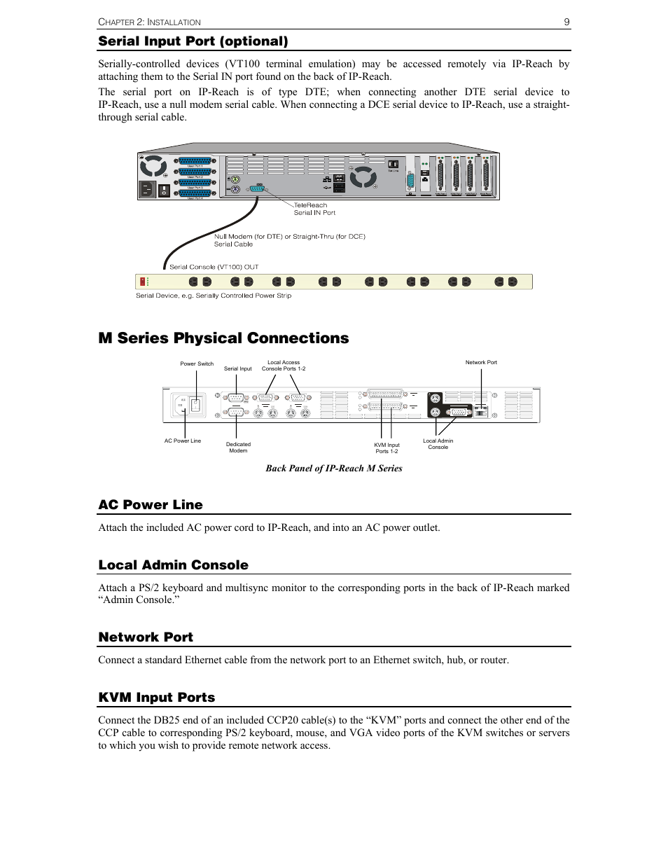 M series physical connections, Serial input port (optional), Ac power line | Local admin console, Network port, Kvm input ports | Raritan Computer IPR-TR364 User Manual | Page 17 / 84