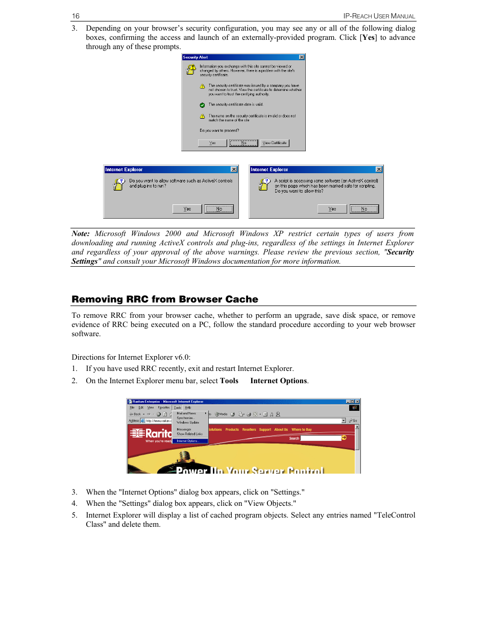 Removing rrc from browser cache | Raritan Computer IPR-TR364 User Manual | Page 24 / 84