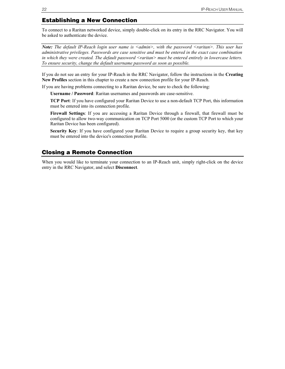 Establishing a new connection, Closing a remote connection | Raritan Computer IPR-TR364 User Manual | Page 30 / 84