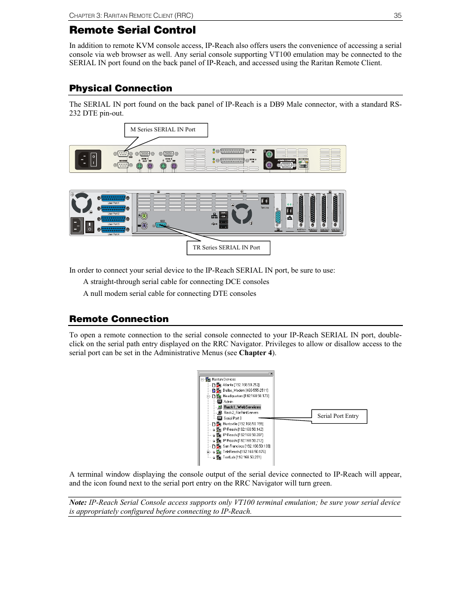 Remote serial control, Physical connection, Remote connection | Raritan Computer IPR-TR364 User Manual | Page 43 / 84