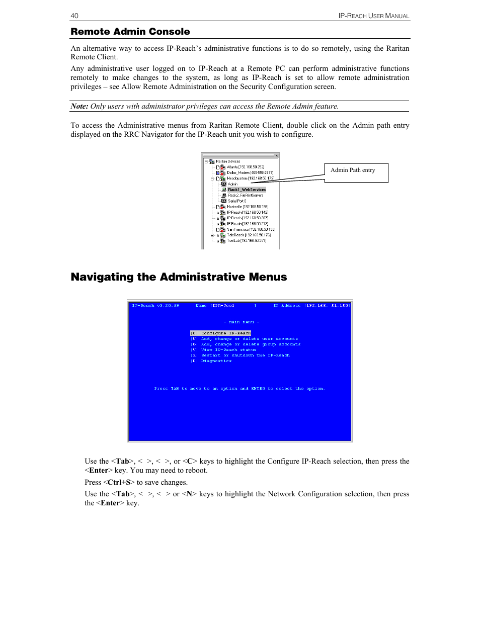Navigating the administrative menus | Raritan Computer IPR-TR364 User Manual | Page 48 / 84
