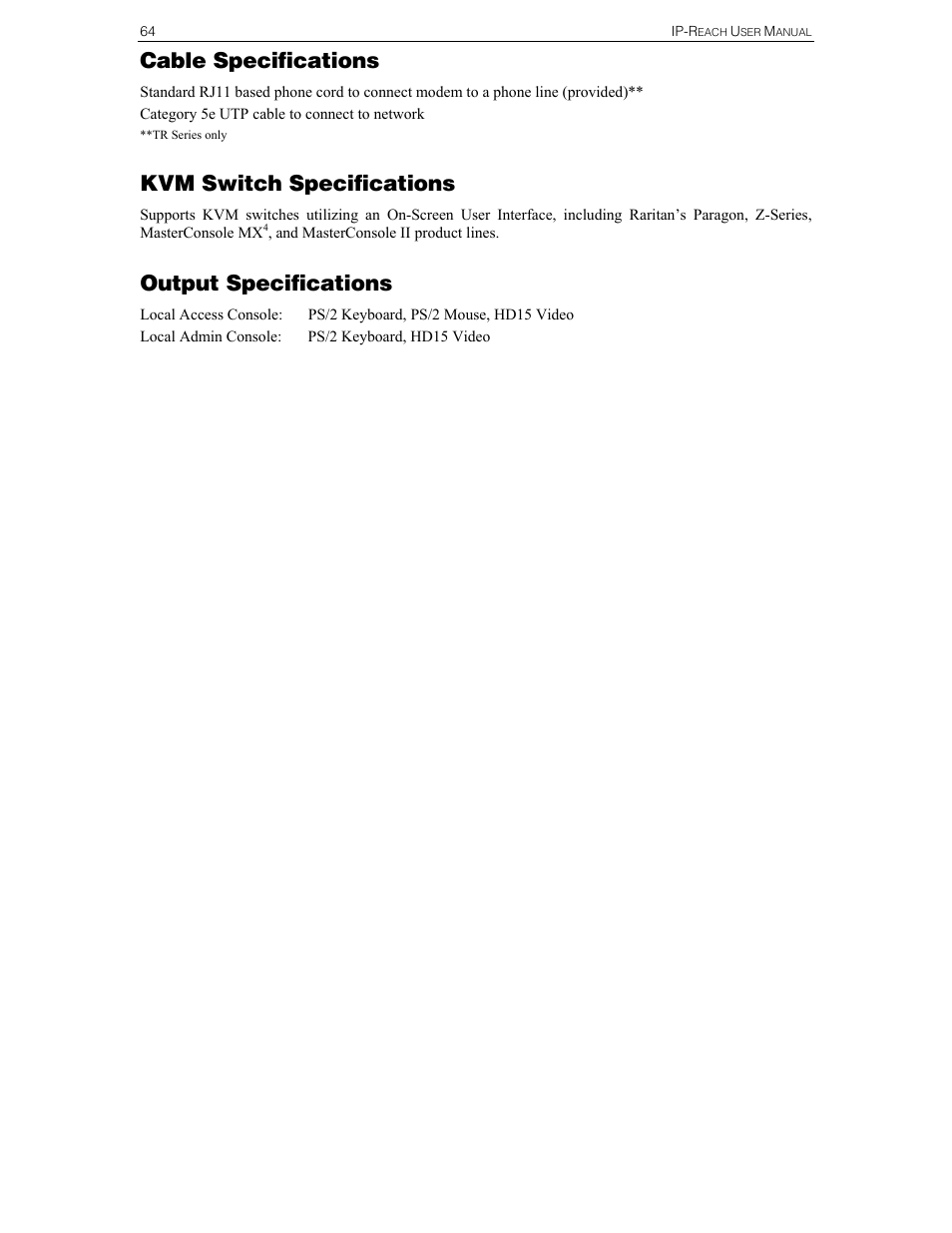 Cable specifications, Kvm switch specifications, Output specifications | Raritan Computer IPR-TR364 User Manual | Page 72 / 84