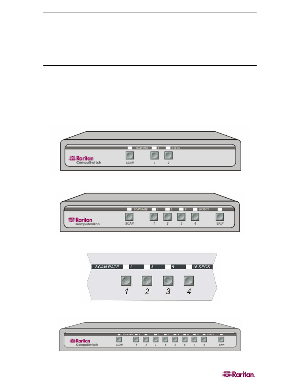 Chapter 3: operation, Overview, Front panels | Figure 8 front panel of cs-pent 2 unit, Figure 9 front panel of cs-pent 4 unit, Figure 11 front panel of cs-pent 8 unit | Raritan Computer CS-PENT User Manual | Page 11 / 20