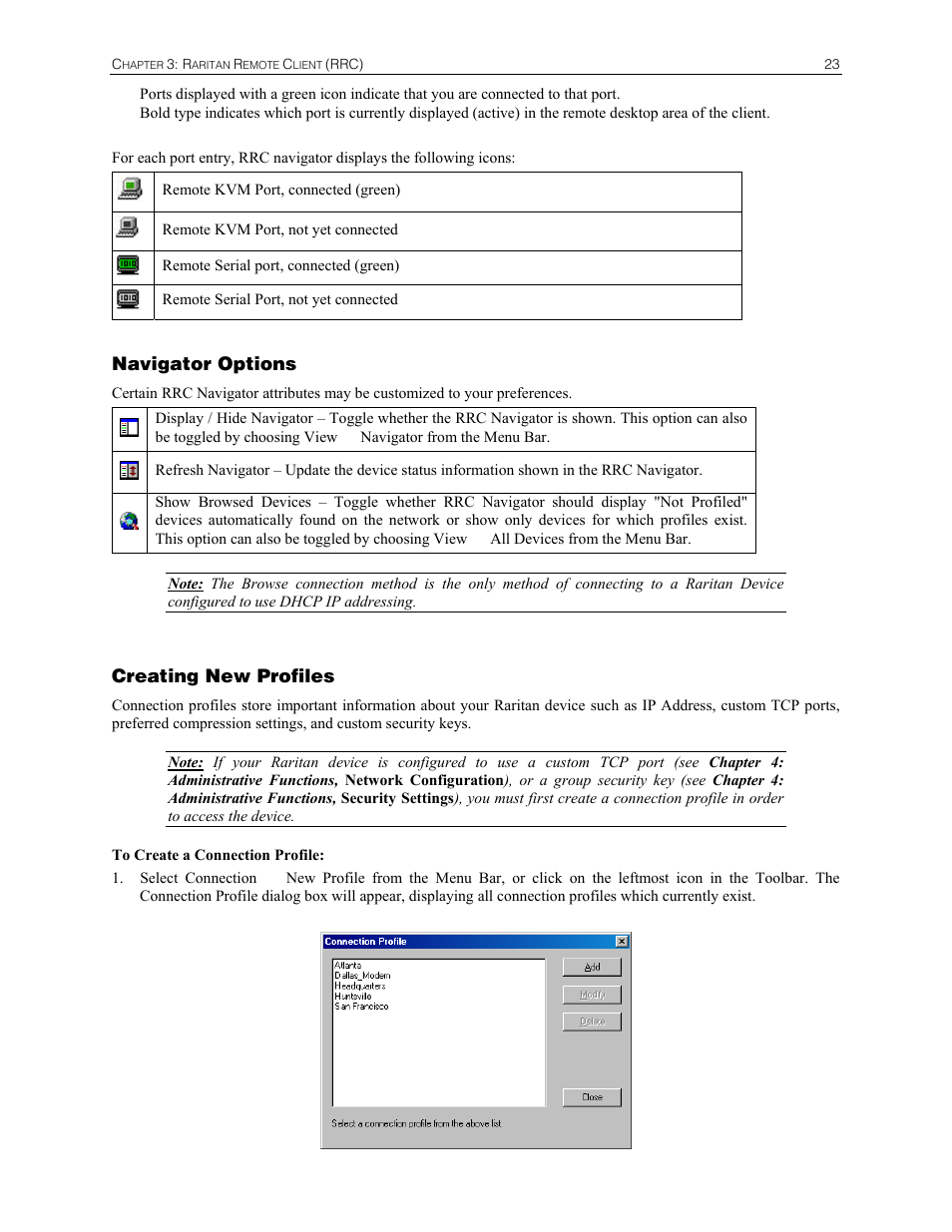 Navigator options, Creating new profiles | Raritan Computer DKSX440 User Manual | Page 35 / 94