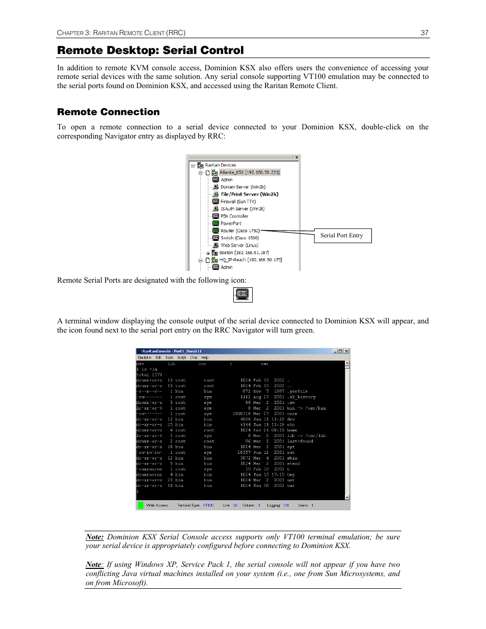 Remote desktop: serial control, Remote connection | Raritan Computer DKSX440 User Manual | Page 49 / 94
