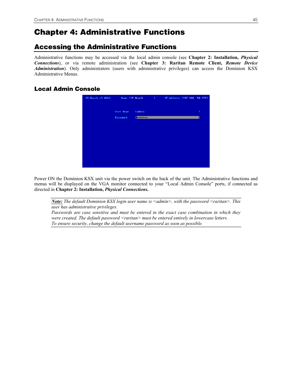Chapter 4: administrative functions, Accessing the administrative functions | Raritan Computer DKSX440 User Manual | Page 57 / 94