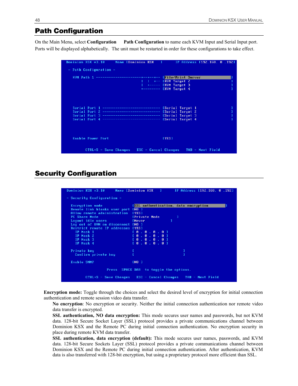 Path configuration, Security configuration | Raritan Computer DKSX440 User Manual | Page 60 / 94