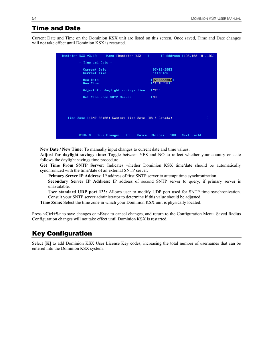 Time and date, Key configuration | Raritan Computer DKSX440 User Manual | Page 66 / 94