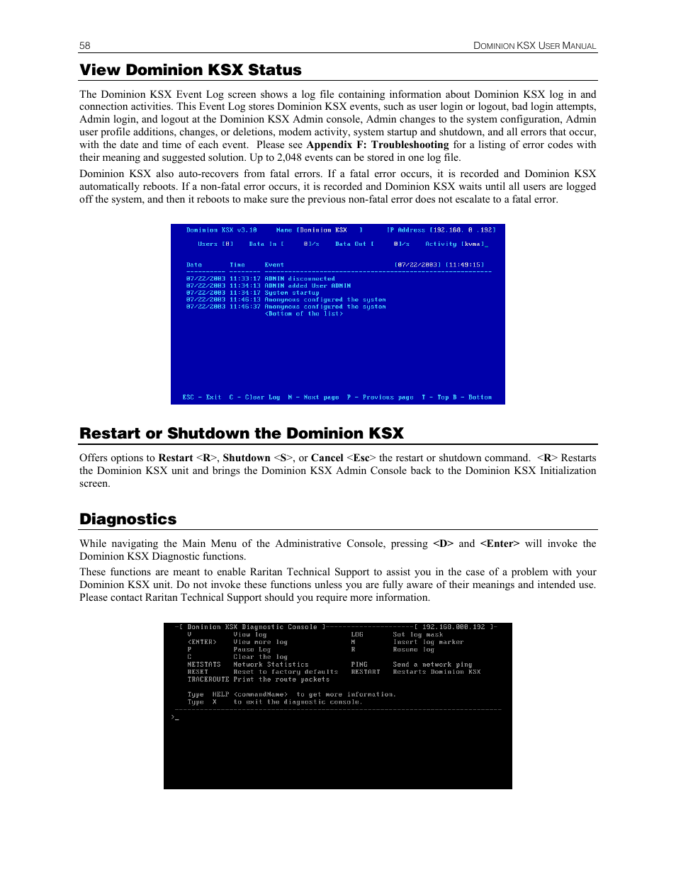 View dominion ksx status, Restart or shutdown the dominion ksx, Diagnostics | Raritan Computer DKSX440 User Manual | Page 70 / 94