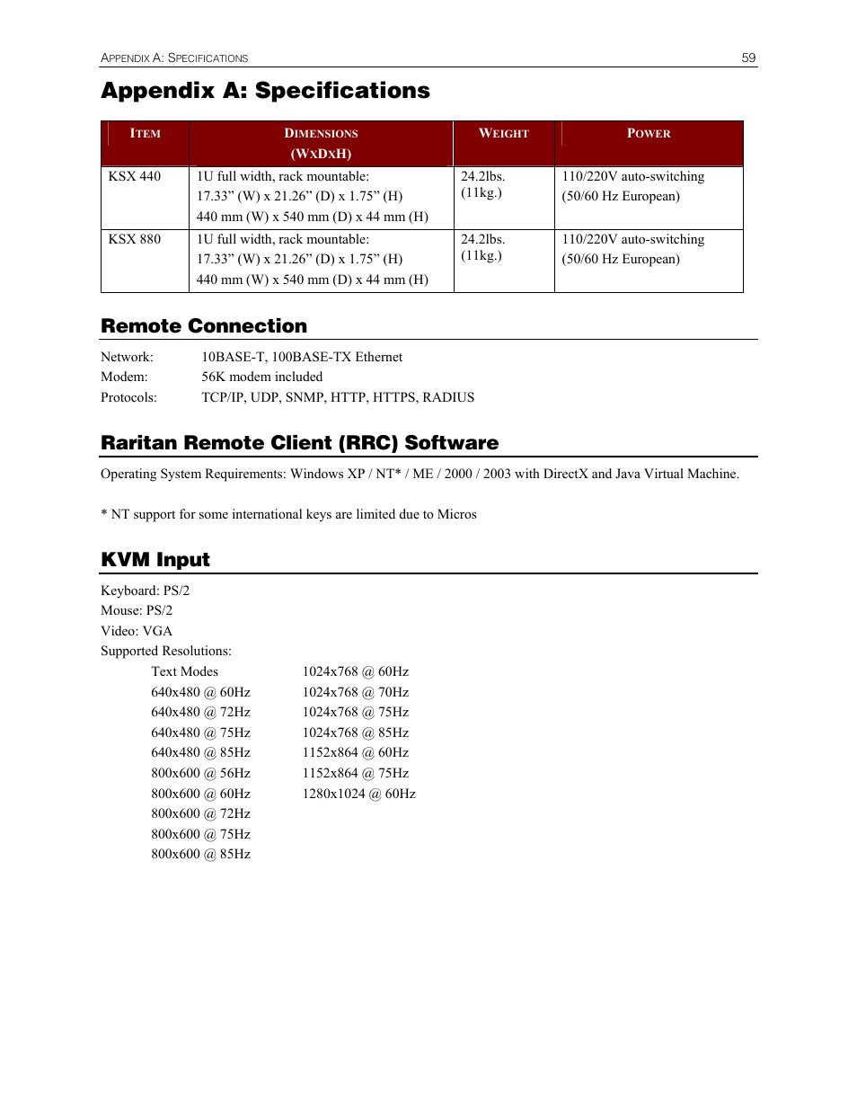 Appendix a: specifications, Remote connection, Raritan remote client (rrc) software | Kvm input | Raritan Computer DKSX440 User Manual | Page 71 / 94
