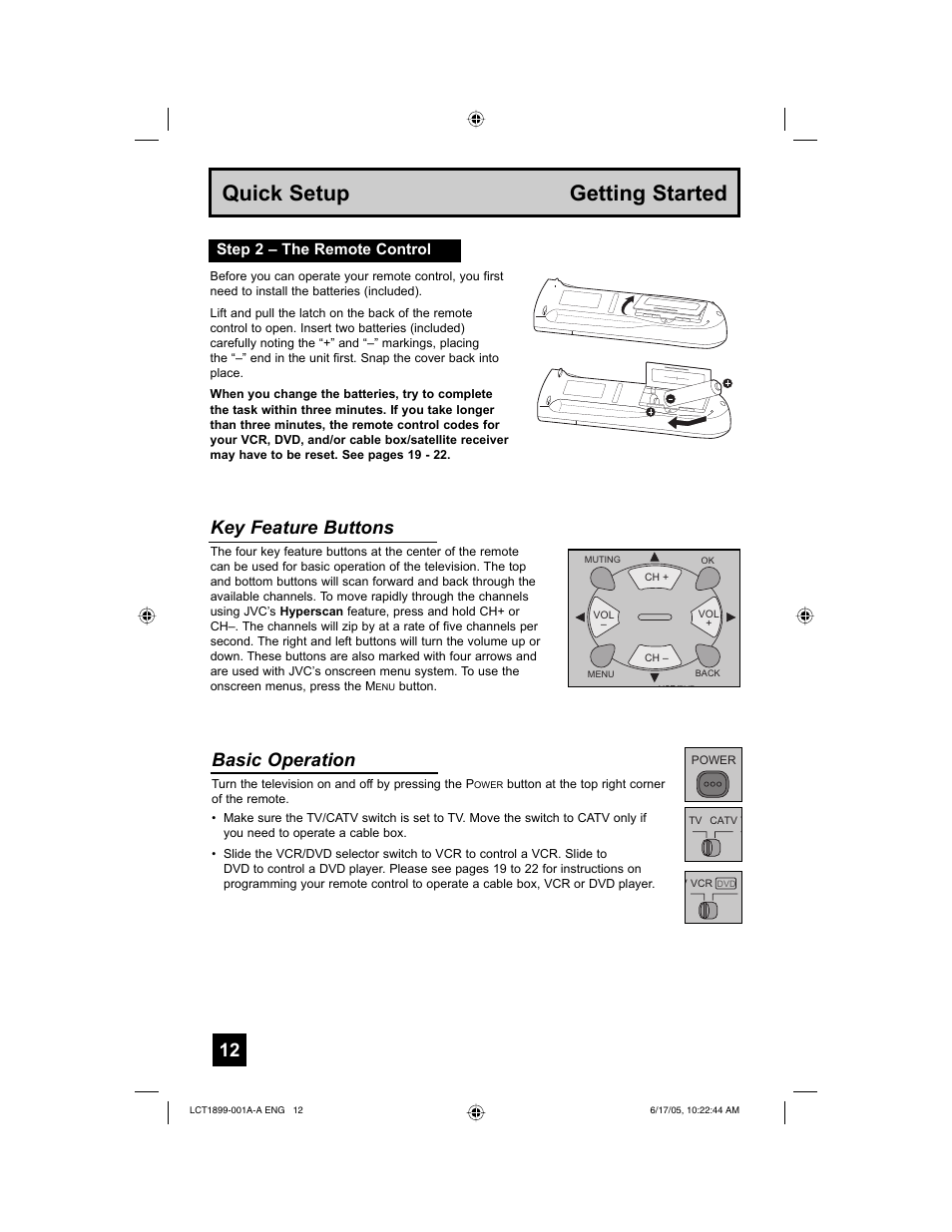 Quick setup getting started, Key feature buttons, Basic operation | Step 2 – the remote control | Raritan Computer LT-32X506 User Manual | Page 12 / 56