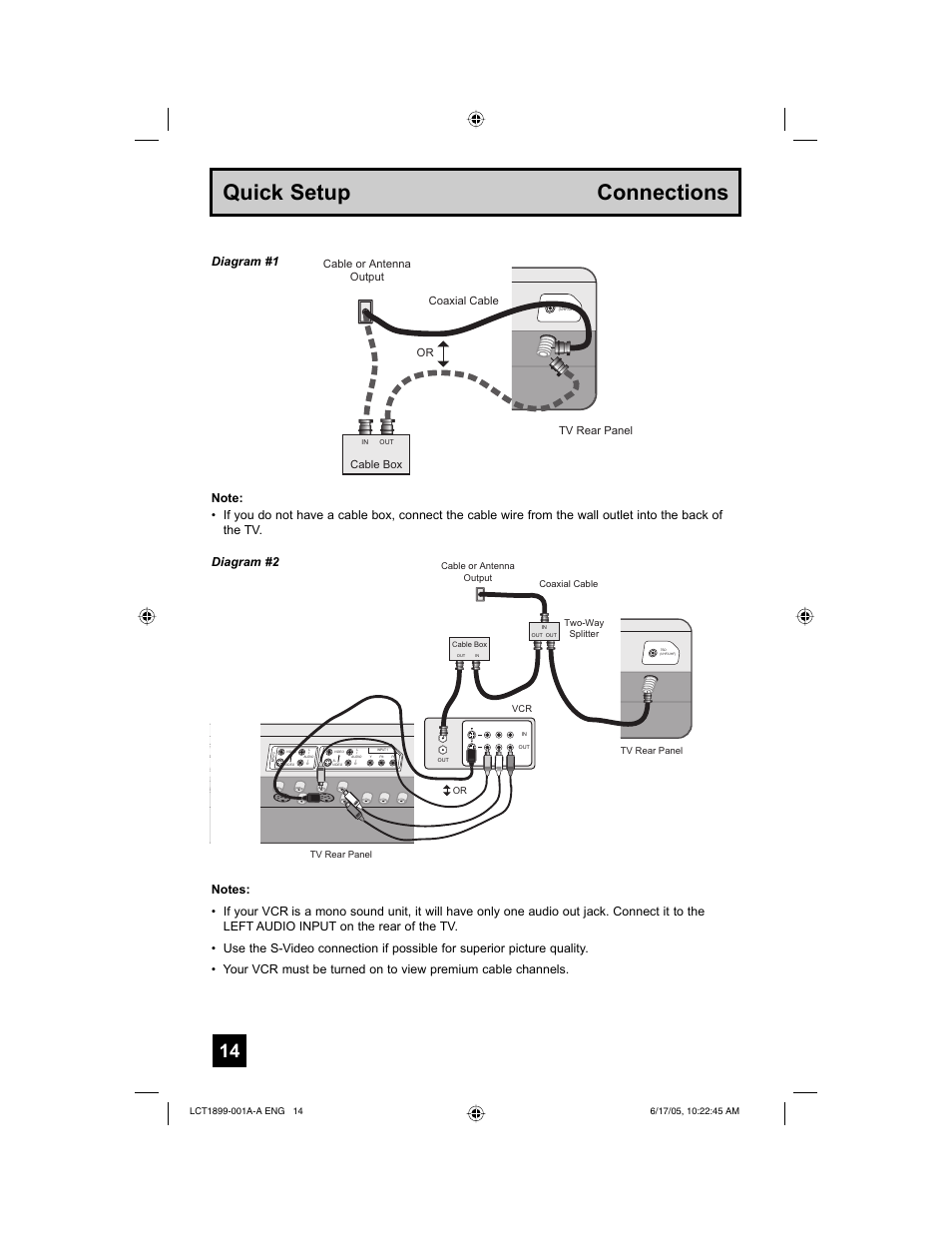 Quick setup connections, Diagram #1, Cable or antenna output or tv rear panel | Coaxial cable cable box | Raritan Computer LT-32X506 User Manual | Page 14 / 56