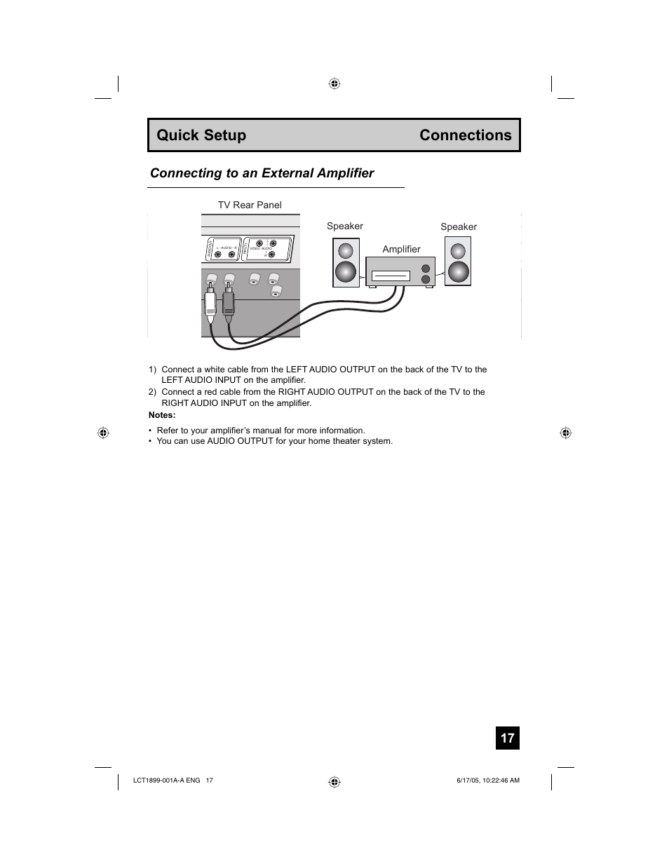Quick setup connections, Connecting to an external amplifier, Tv rear panel | Speaker, Speaker amplifier | Raritan Computer LT-32X506 User Manual | Page 17 / 56