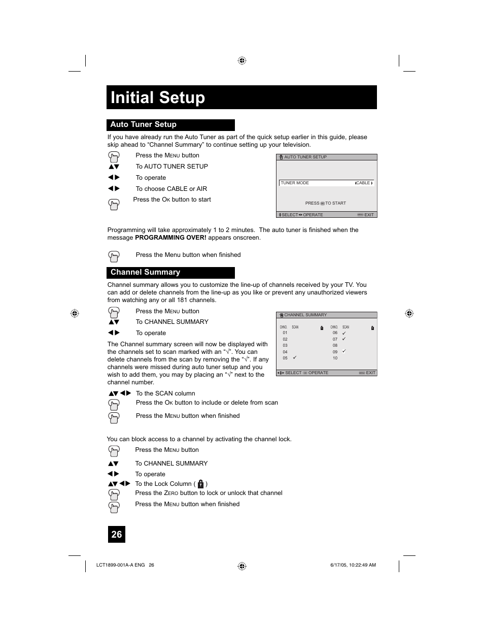 Initial setup, Auto tuner setup, Channel summary | Raritan Computer LT-32X506 User Manual | Page 26 / 56