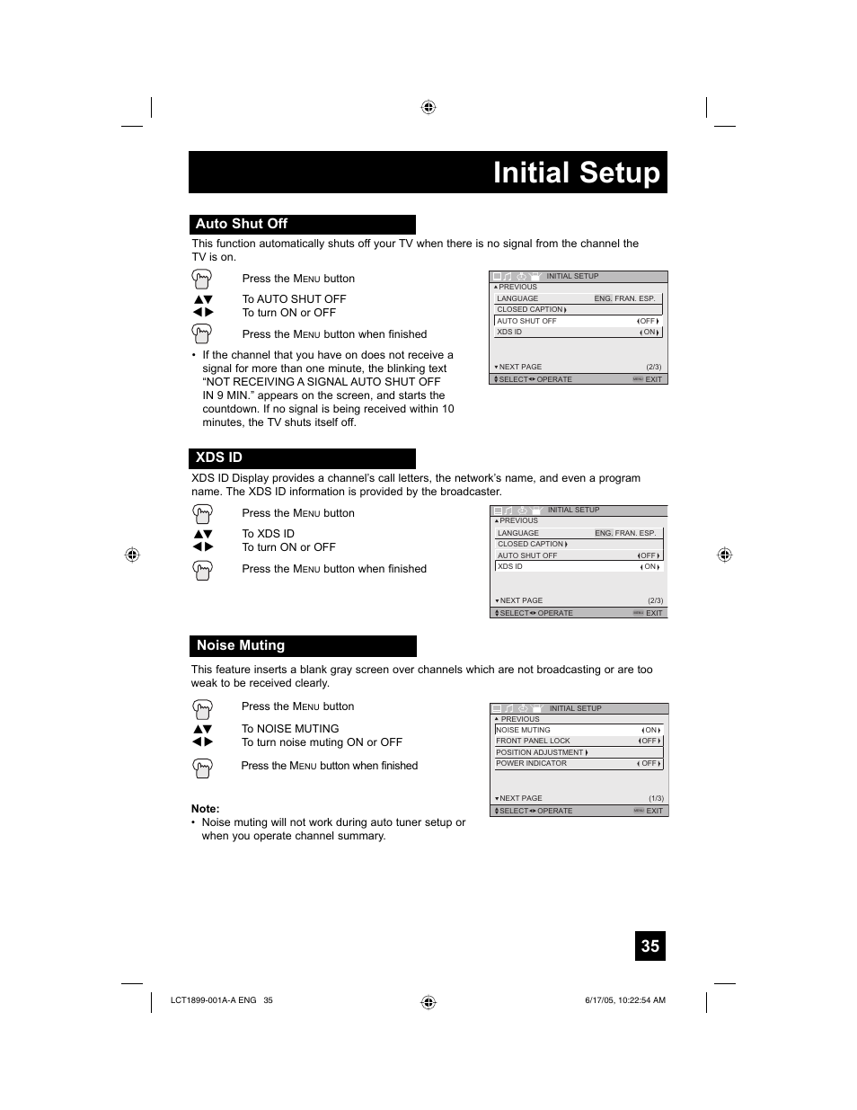 Initial setup, Auto shut off, Xds id | Noise muting | Raritan Computer LT-32X506 User Manual | Page 35 / 56
