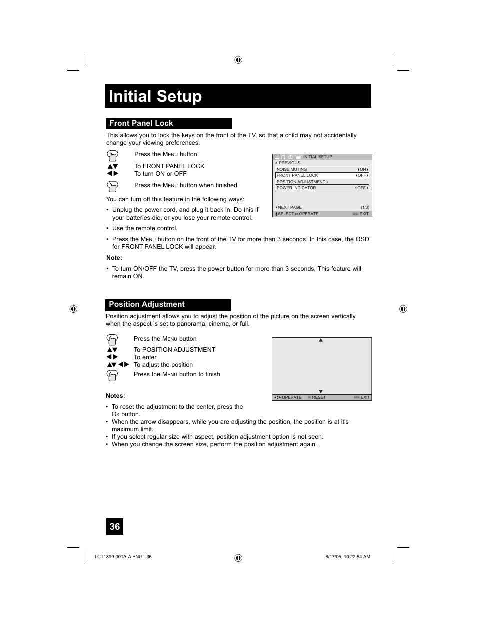 Initial setup, Front panel lock, Position adjustment | Raritan Computer LT-32X506 User Manual | Page 36 / 56