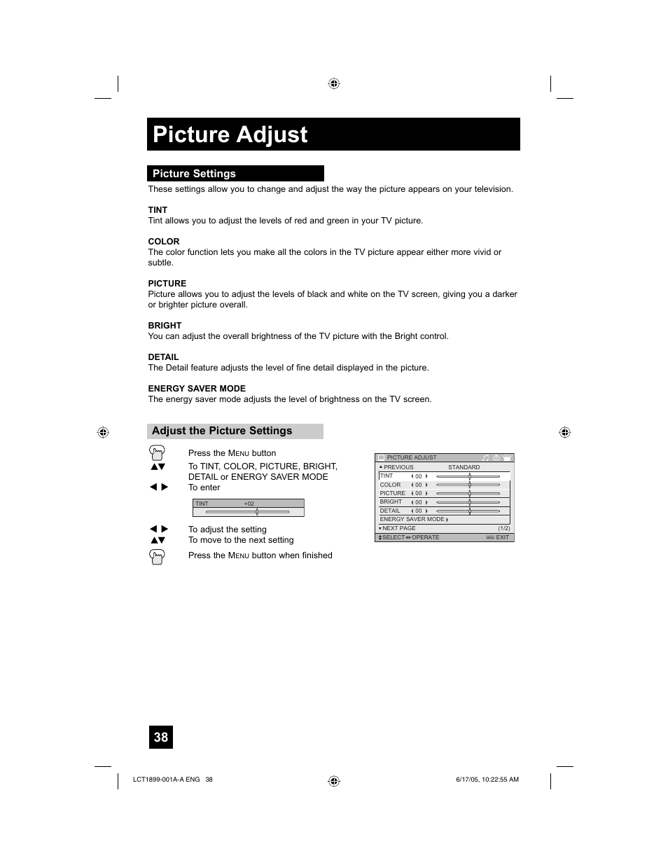 Picture adjust, Picture settings, Adjust the picture settings | Raritan Computer LT-32X506 User Manual | Page 38 / 56