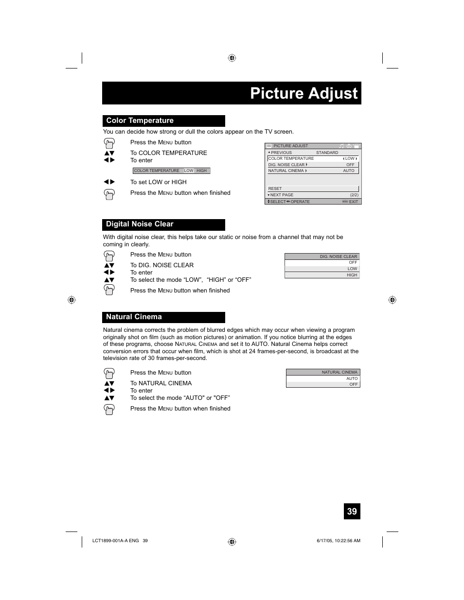 Picture adjust, Color temperature, Digital noise clear natural cinema | Raritan Computer LT-32X506 User Manual | Page 39 / 56