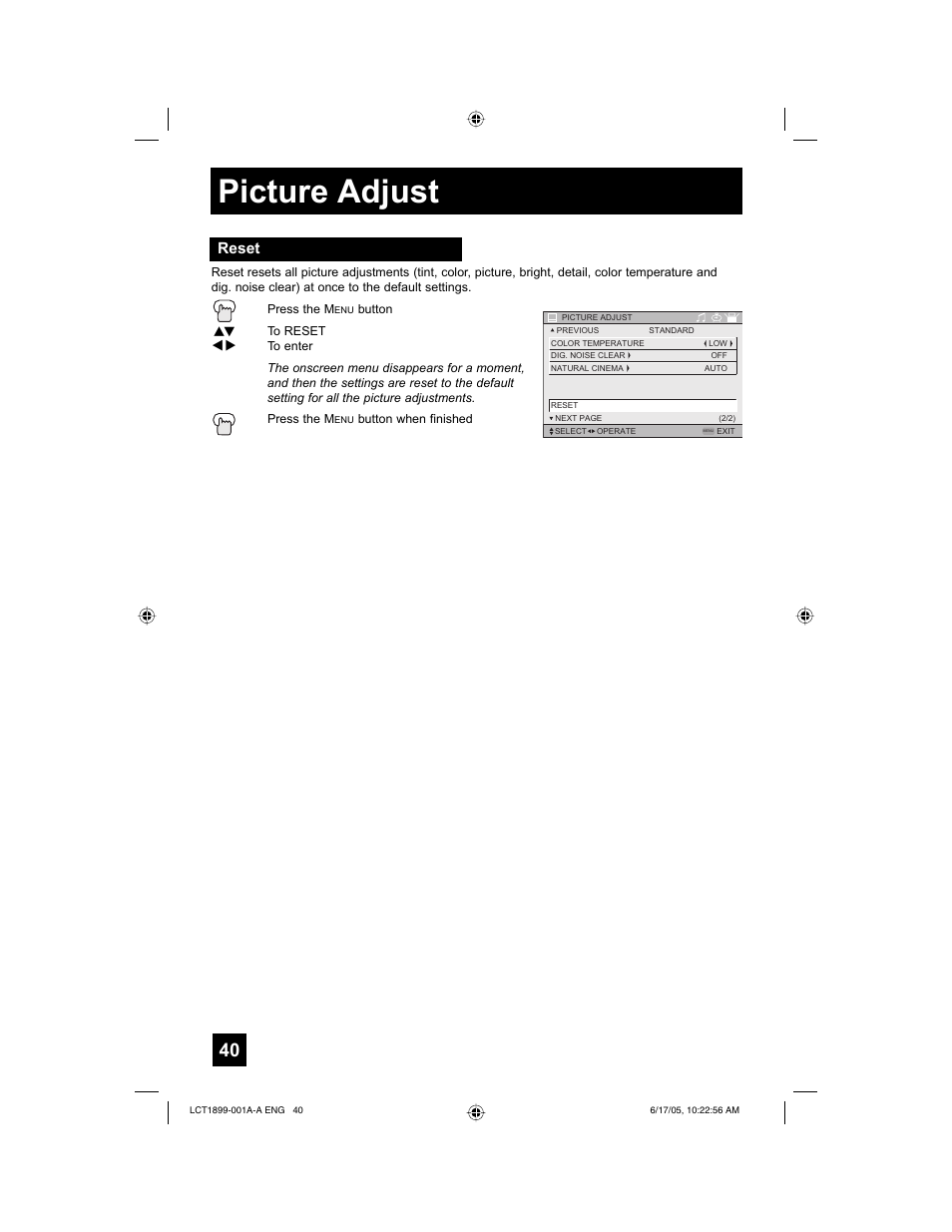 Picture adjust, Reset | Raritan Computer LT-32X506 User Manual | Page 40 / 56
