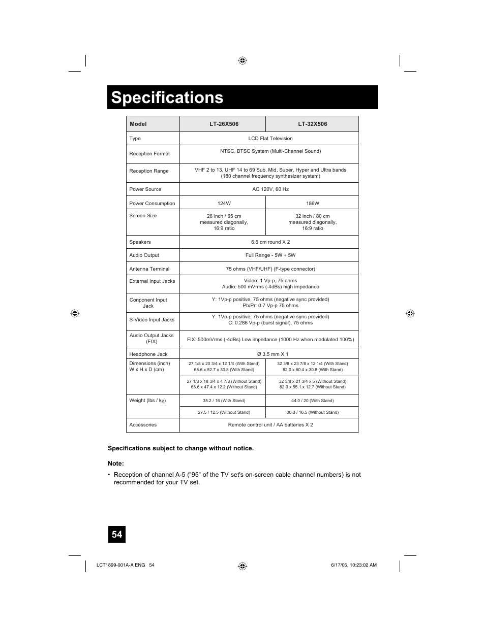 Specifications | Raritan Computer LT-32X506 User Manual | Page 54 / 56