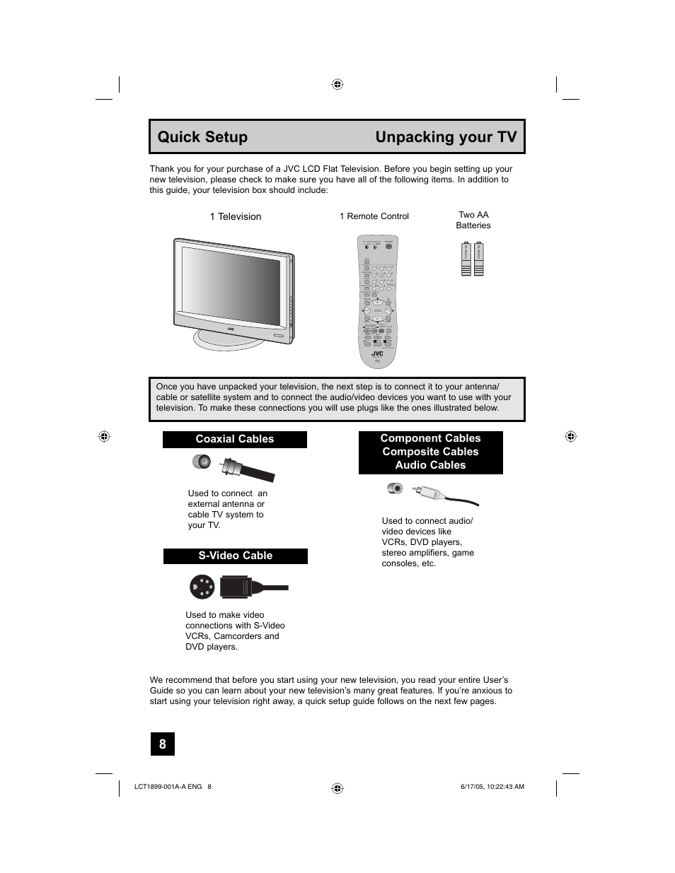 Quick setup unpacking your tv, Coaxial cables s-video cable, Component cables composite cables audio cables | 1 television, Two aa batteries | Raritan Computer LT-32X506 User Manual | Page 8 / 56