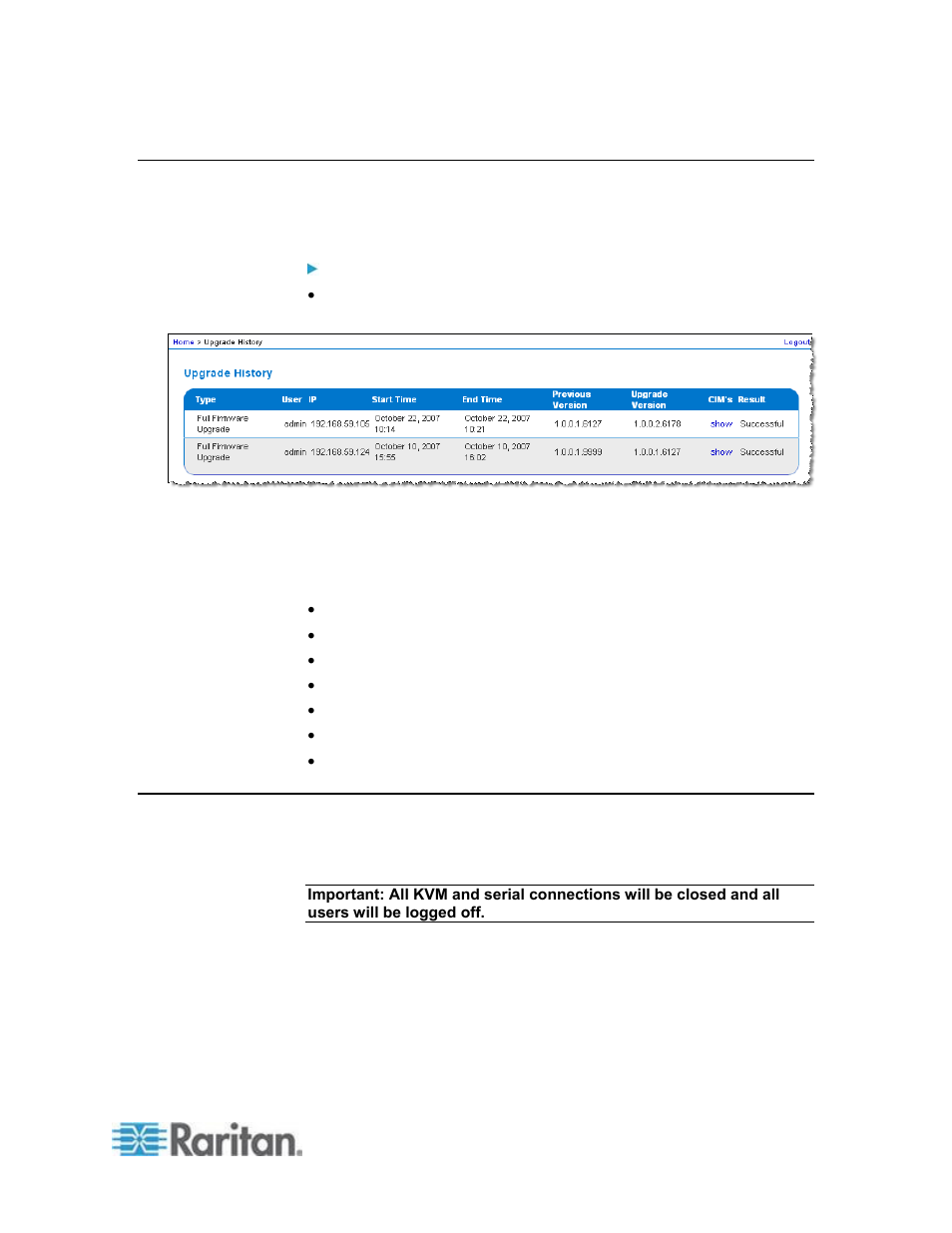 Upgrade history, Rebooting | Raritan Computer DOMINION KSX II User Manual | Page 225 / 362