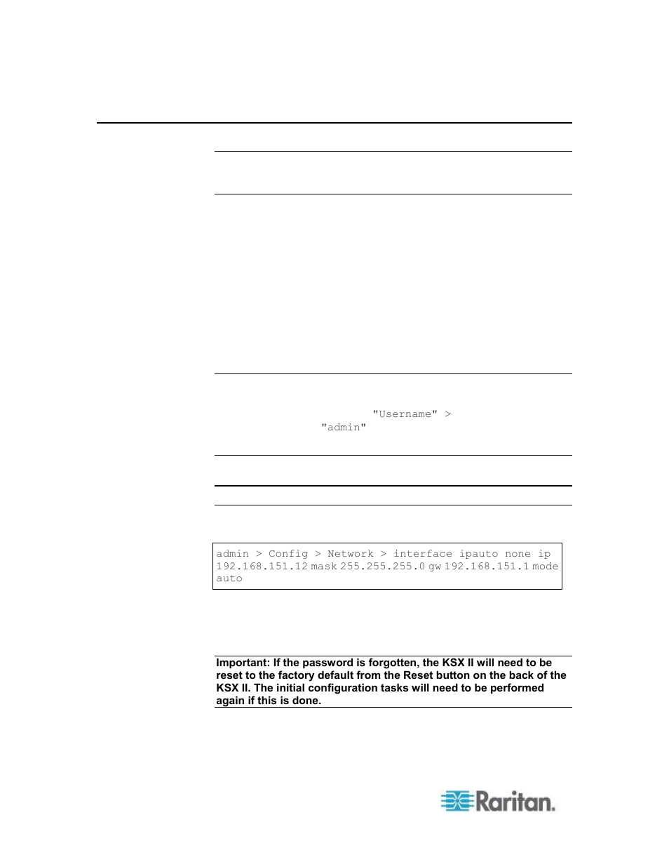 Initial configuration using cli | Raritan Computer DOMINION KSX II User Manual | Page 244 / 362