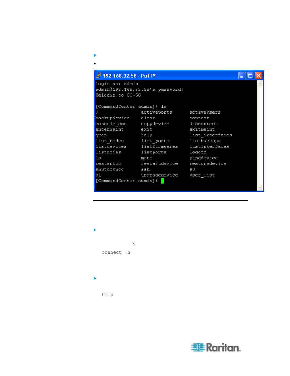 Get help for ssh commands | Raritan Computer CCA-0N-V5.1-E User Manual | Page 304 / 420