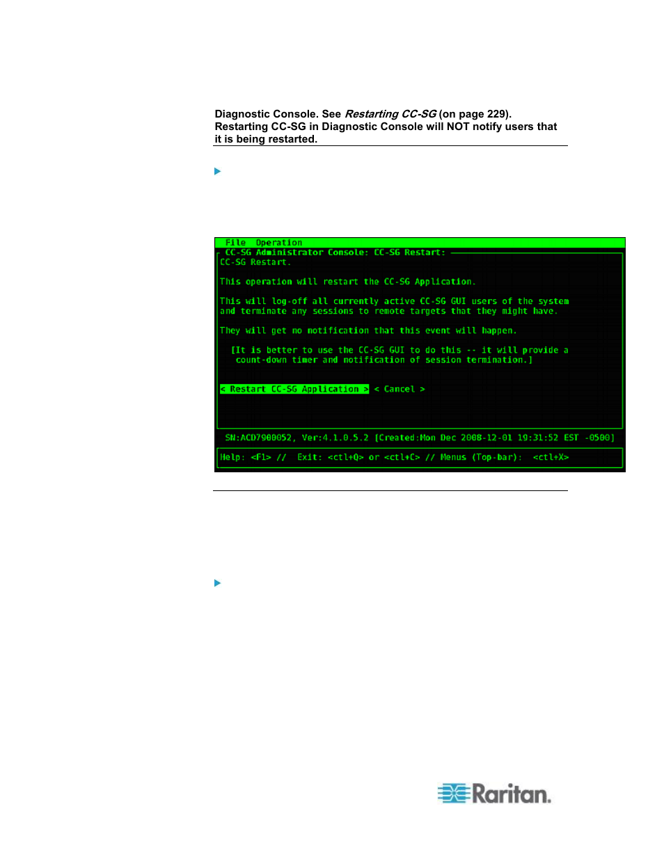 Reboot cc-sg with diagnostic console | Raritan Computer CCA-0N-V5.1-E User Manual | Page 334 / 420