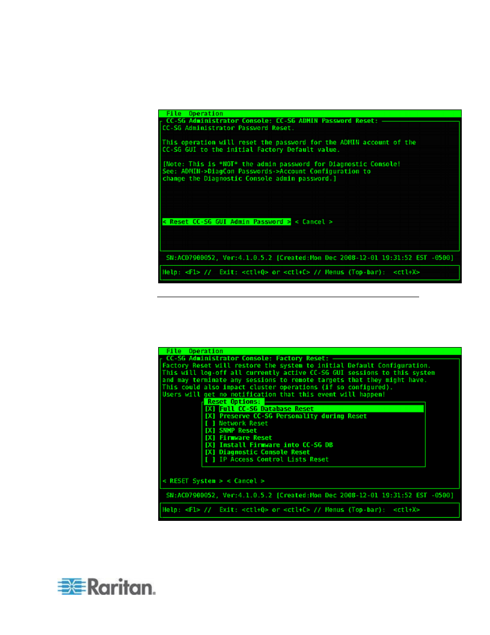 Reset cc-sg factory configuration, E 319) | Raritan Computer CCA-0N-V5.1-E User Manual | Page 337 / 420
