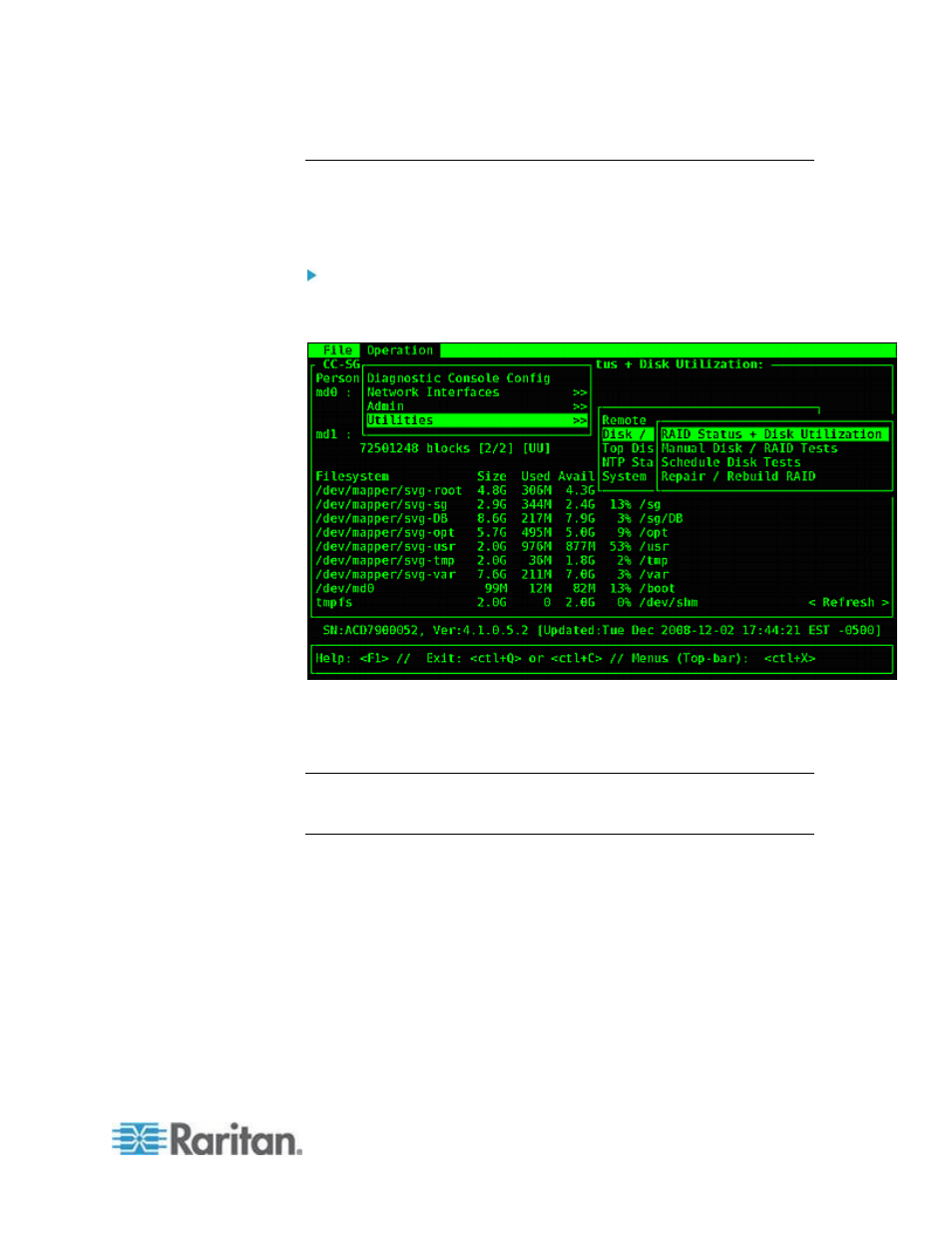 Display raid status and disk utilization | Raritan Computer CCA-0N-V5.1-E User Manual | Page 345 / 420