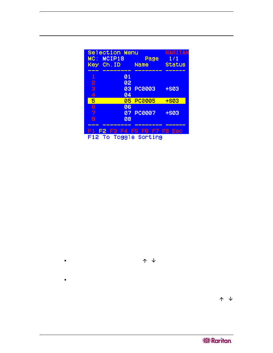 Masterconsole ip operation, Selecting a computer, Figure 10 selection menu | Raritan Computer MCIP116 User Manual | Page 19 / 80
