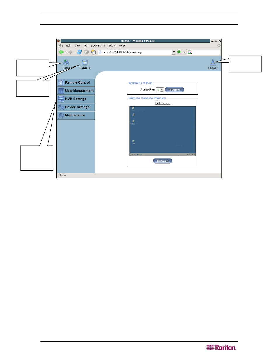 Navigation, Upon successful login, the mcip home appears | Raritan Computer MCIP116 User Manual | Page 23 / 80