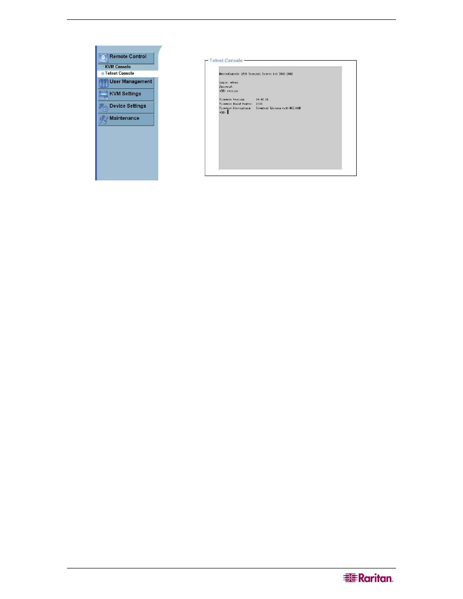 Figure 20 telnet console screen | Raritan Computer MCIP116 User Manual | Page 31 / 80