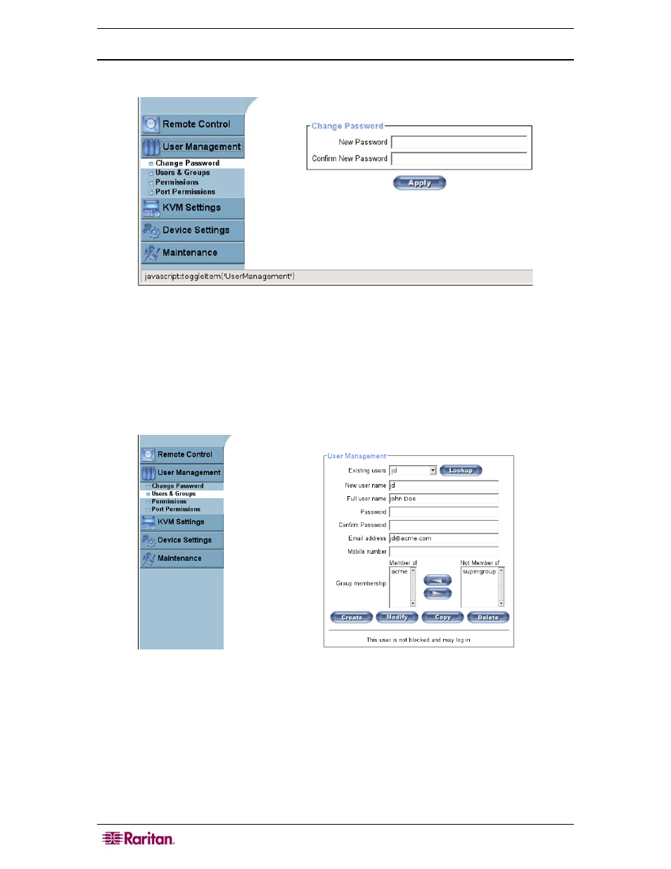 User management, Change password, Users and groups | Figure 21 change password screen, Figure 22 users & groups screen | Raritan Computer MCIP116 User Manual | Page 32 / 80