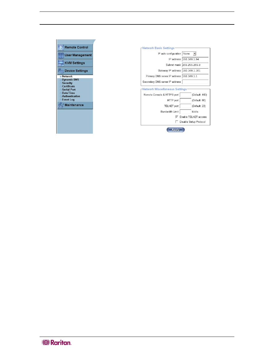 Device settings, Network, Figure 30 network settings screen | Raritan Computer MCIP116 User Manual | Page 42 / 80