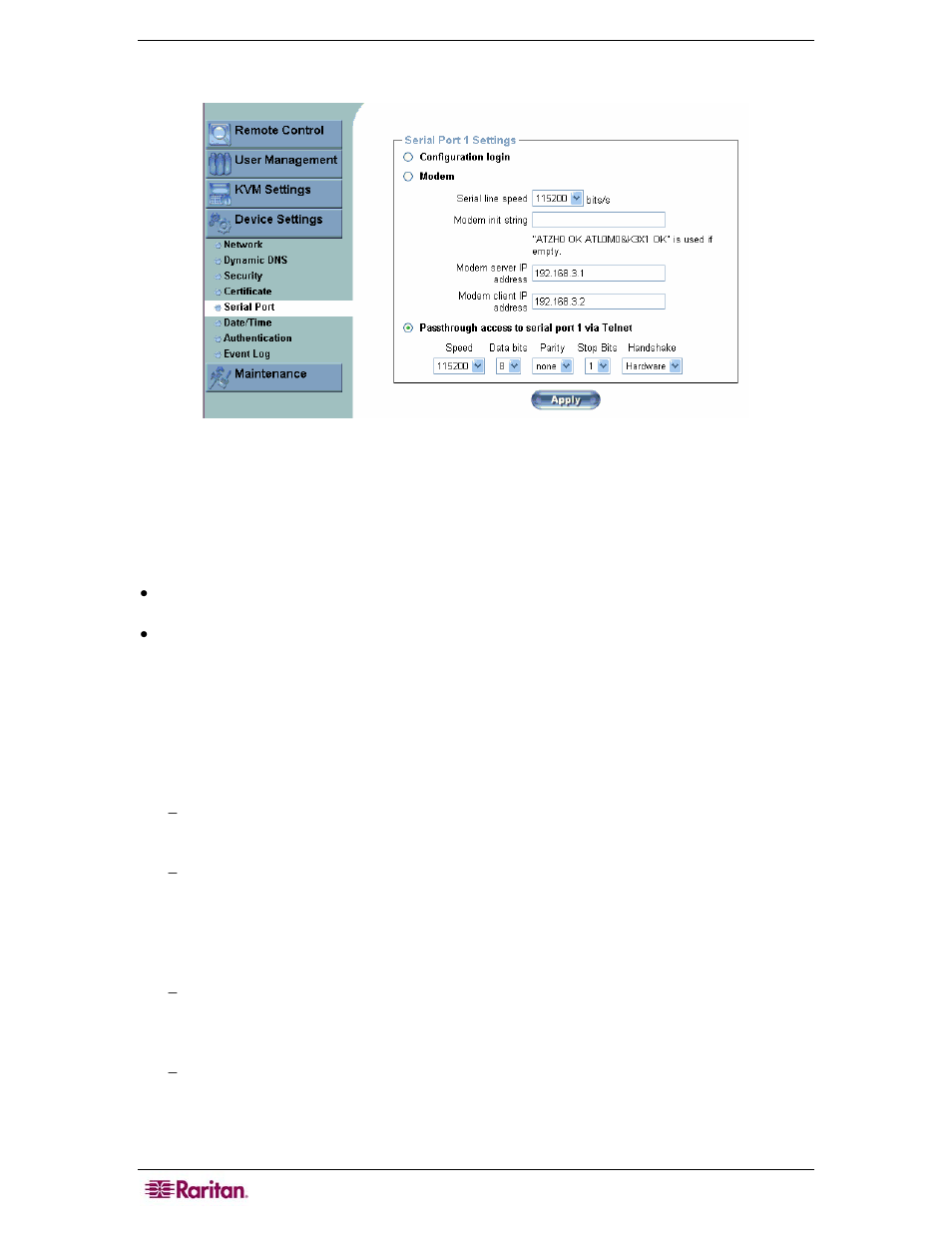 Serial port, Figure 35 serial port settings screen | Raritan Computer MCIP116 User Manual | Page 48 / 80