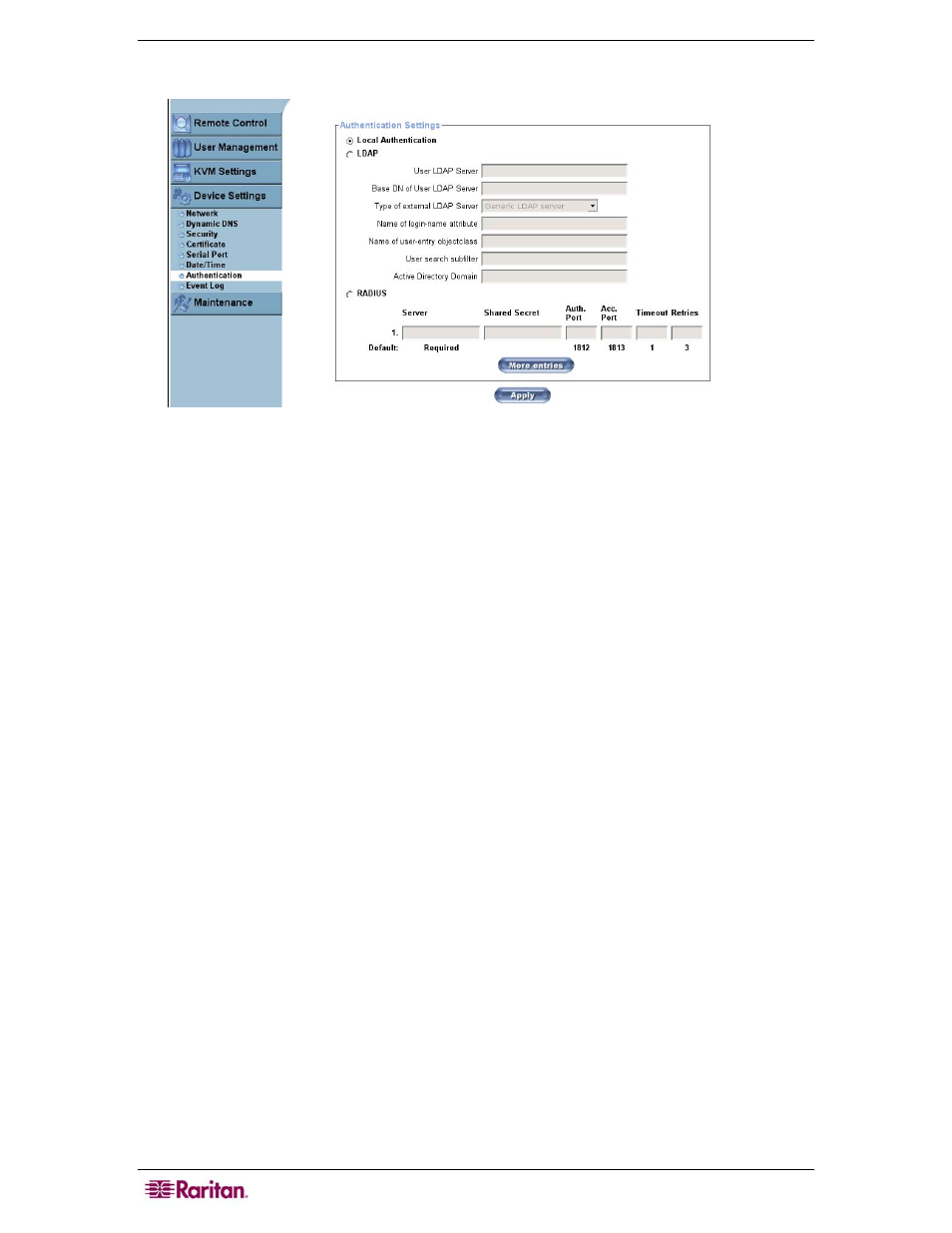 Authentication, Figure 37 authentication settings | Raritan Computer MCIP116 User Manual | Page 50 / 80