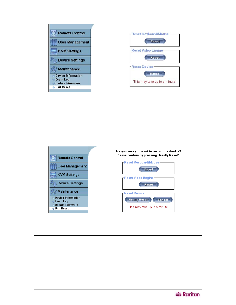 Unit reset, Figure 43 unit reset screen, Figure 44 unit reset confirmation screen | Raritan Computer MCIP116 User Manual | Page 57 / 80