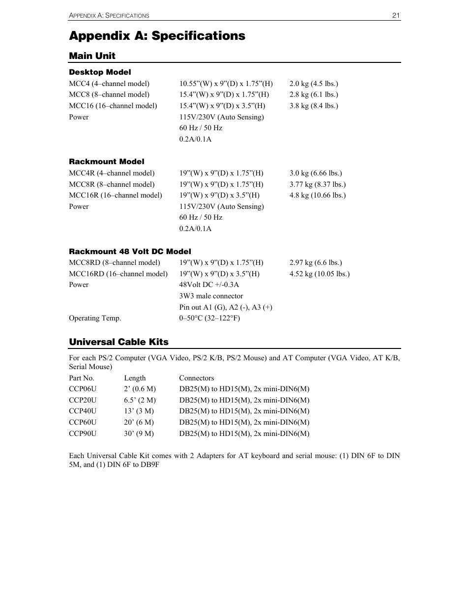 Appendix a: specifications | Raritan Computer MCC4 User Manual | Page 29 / 42