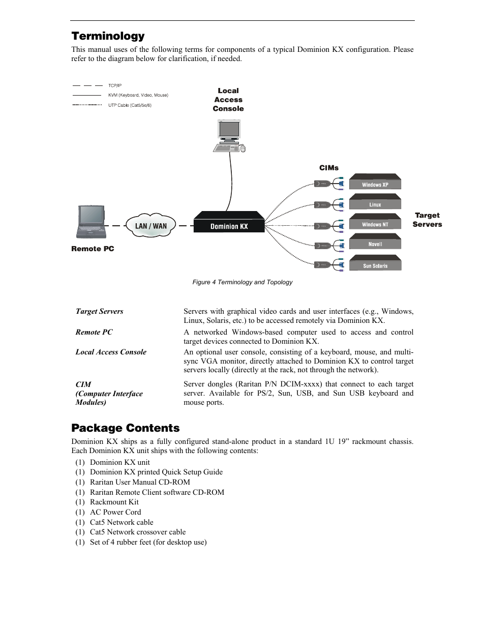 Terminology, Package contents, Figure 4 terminology and topology | Raritan Computer DKX116 User Manual | Page 12 / 72