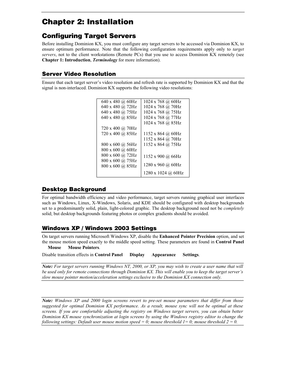 Chapter 2: installation, Configuring target servers, Server video resolution | Desktop background, Windows xp / windows 2003 settings | Raritan Computer DKX116 User Manual | Page 13 / 72