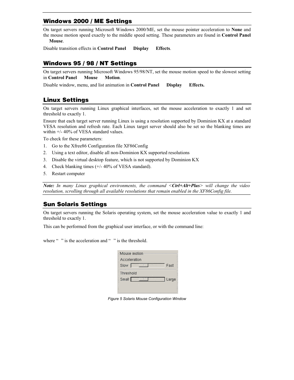 Windows 2000 / me settings, Windows 95 / 98 / nt settings, Linux settings | Sun solaris settings, Figure 5 solaris mouse configuration window | Raritan Computer DKX116 User Manual | Page 14 / 72