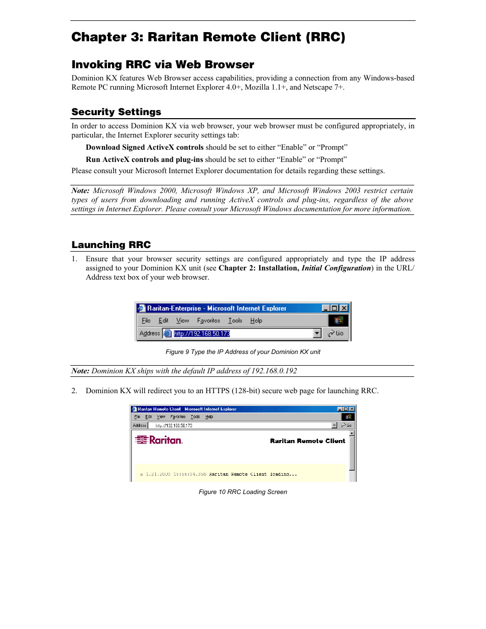 Chapter 3: raritan remote client (rrc), Invoking rrc via web browser, Security settings | Launching rrc, Figure 10 rrc loading screen | Raritan Computer DKX116 User Manual | Page 21 / 72