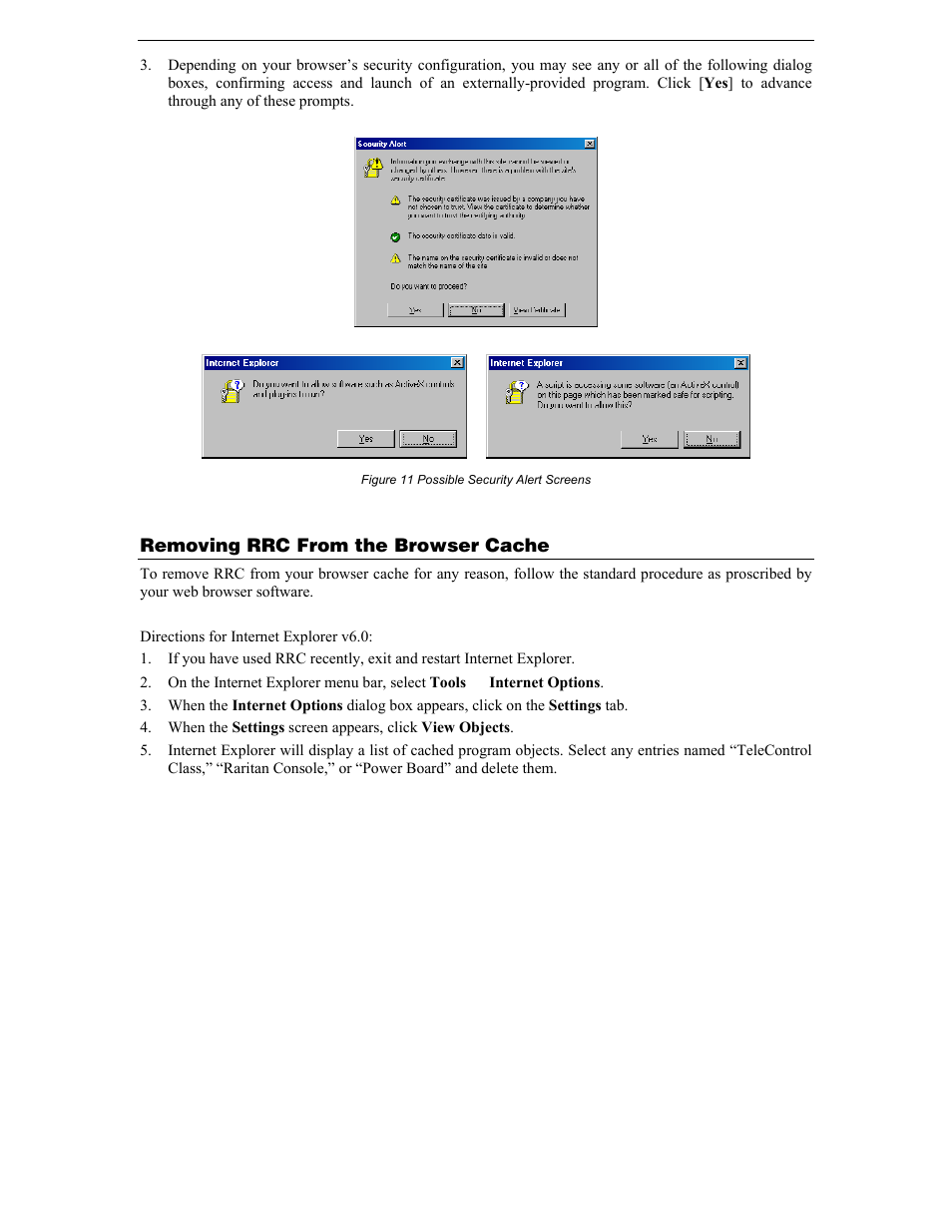 Removing rrc from the browser cache, Figure 11 possible security alert screens | Raritan Computer DKX116 User Manual | Page 22 / 72