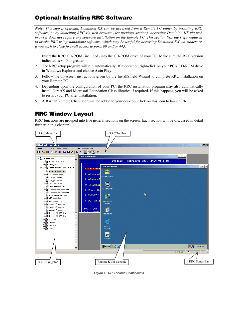 Optional: installing rrc software, Rrc window layout, Figure 12 rrc screen components | Raritan Computer DKX116 User Manual | Page 23 / 72