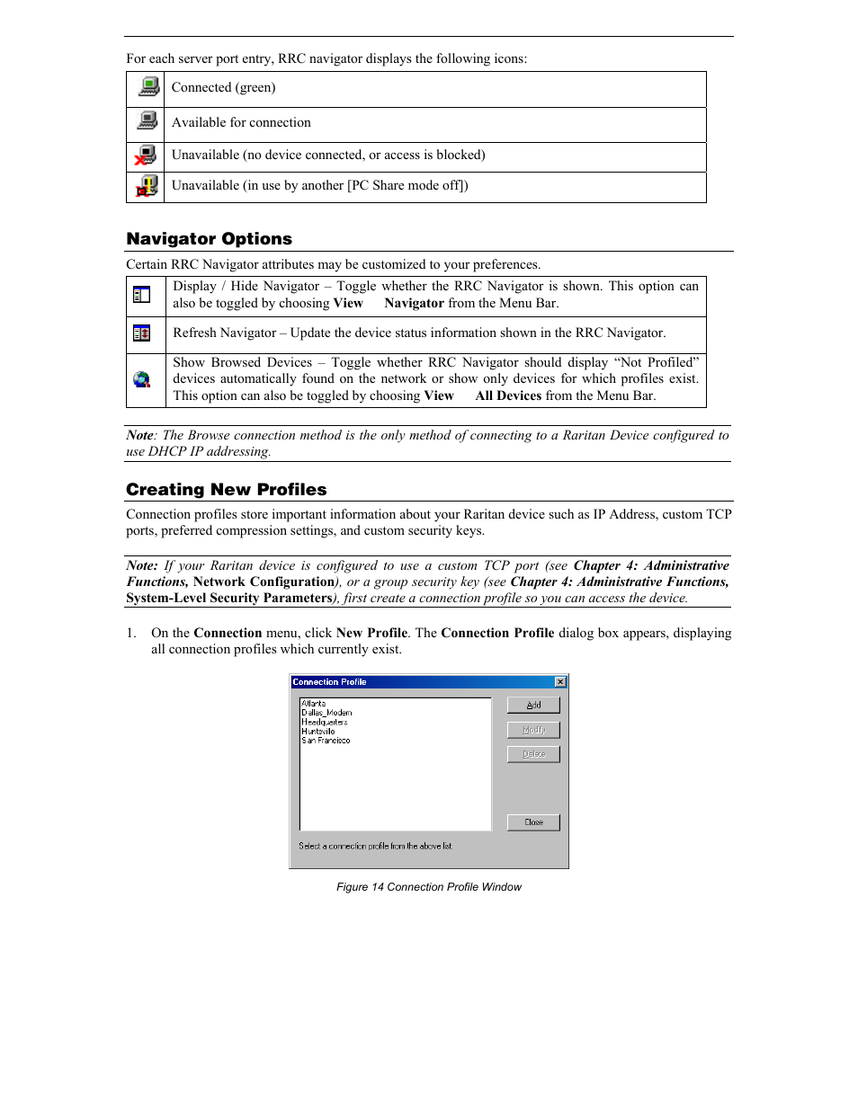 Navigator options, Creating new profiles, Figure 14 connection profile window | Raritan Computer DKX116 User Manual | Page 25 / 72