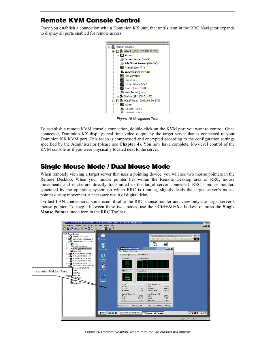 Remote kvm console control, Single mouse mode / dual mouse mode, Figure 19 navigation tree | Raritan Computer DKX116 User Manual | Page 30 / 72